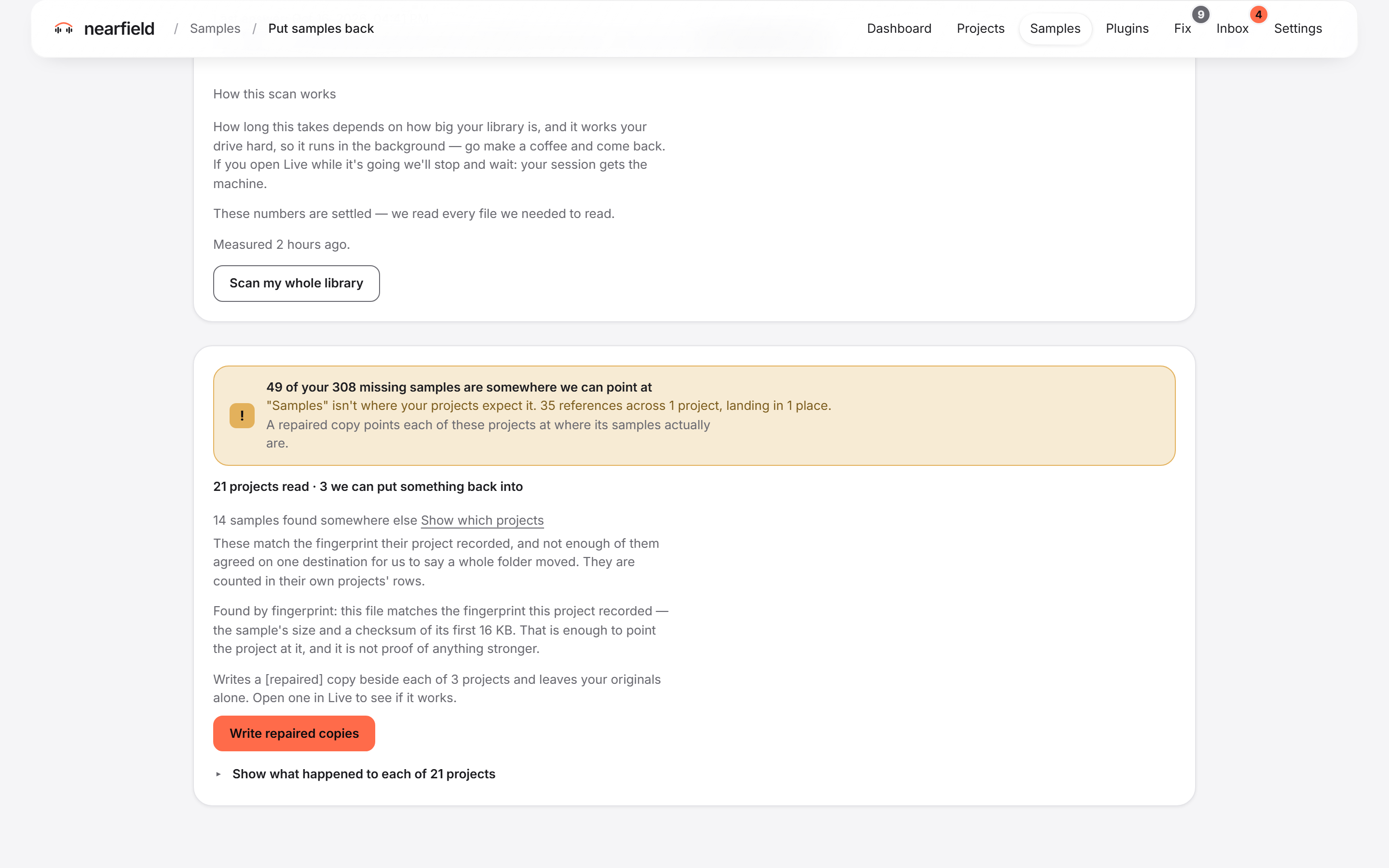 Put samples back after a scan of the whole library: three projects can be repaired, with the Write repaired copies button